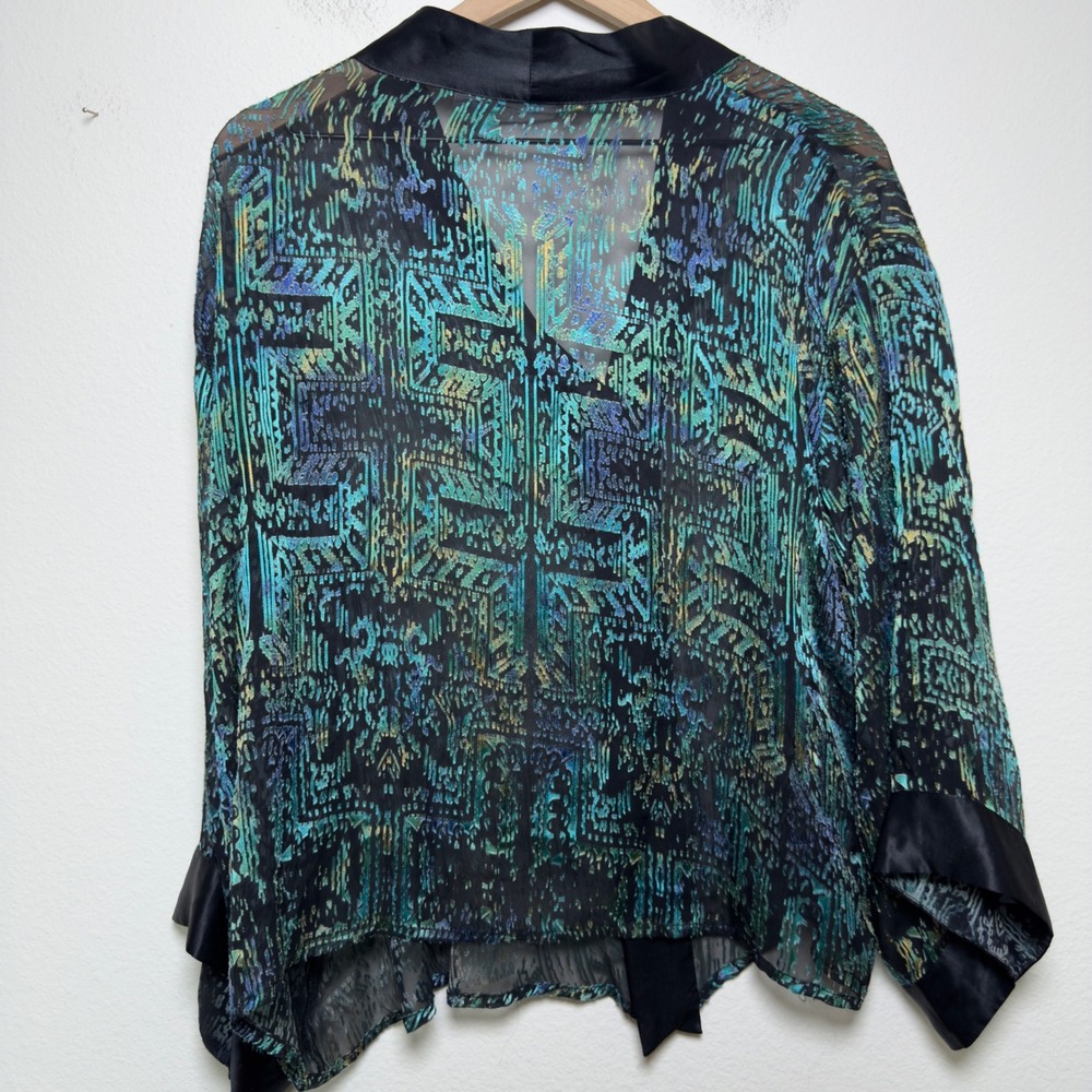 Chicos Women SILK Cardigan Top XL Black Teal Abstract Sheer Burnout Kimono Top - Picture 3 of 6